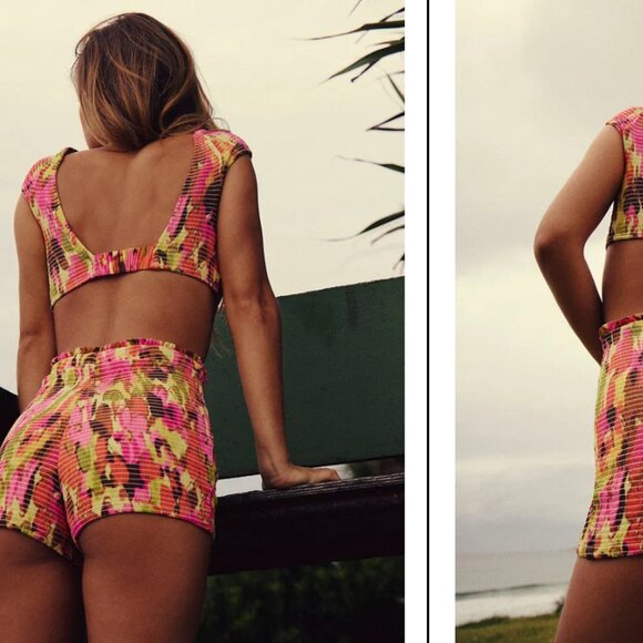 new FREE PEOPLE ruched darcy smocked swimsuit shorts bikini SET M TOP S BOTTOM - Picture 2 of 3